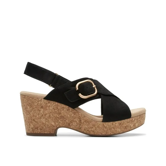 ✨️NIB✨️Clarks Giselle Dove Womens Black Wedge Sandals with Cork Heel SIZE 7.5W - Picture 1 of 10